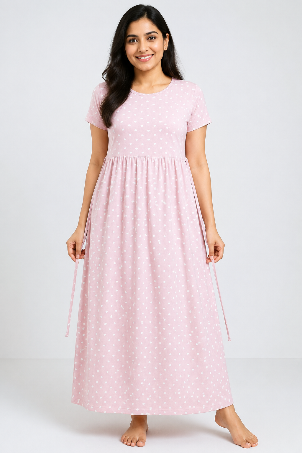 Ladie's Knitted Fabric Light Pink Heart Print Cotton Feeding Kurti with Frock-Type Design & Side Tie-Up