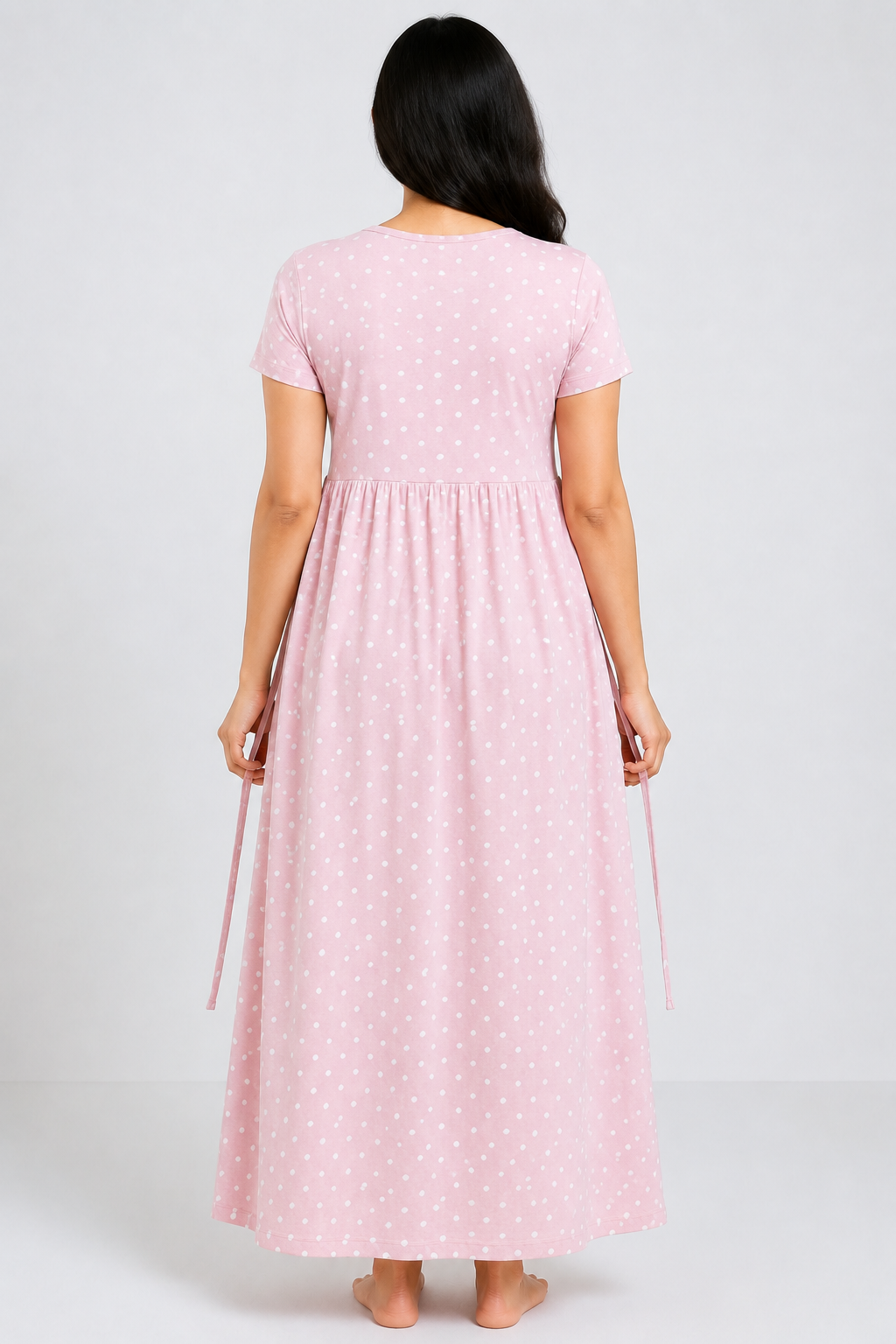 Ladie's Knitted Fabric Light Pink Heart Print Cotton Feeding Kurti with Frock-Type Design & Side Tie-Up