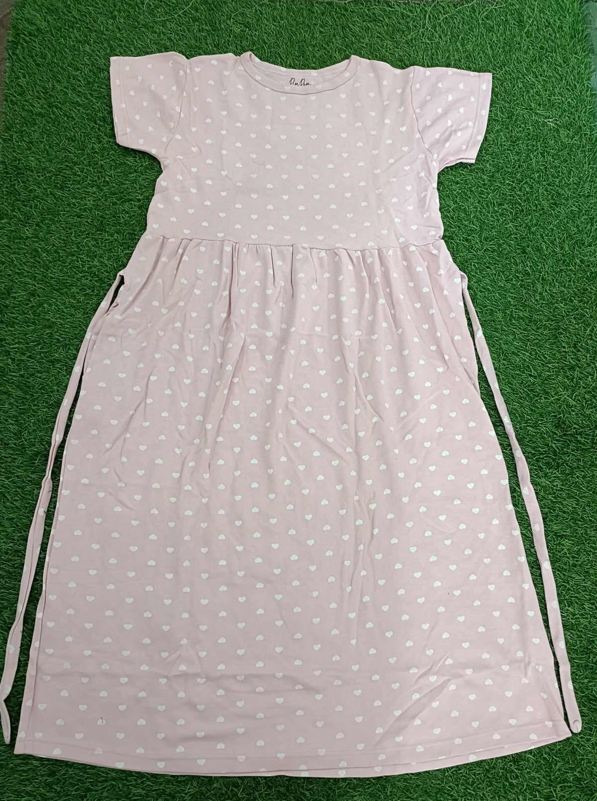Ladie's Knitted Fabric Light Pink Heart Print Cotton Feeding Kurti with Frock-Type Design & Side Tie-Up