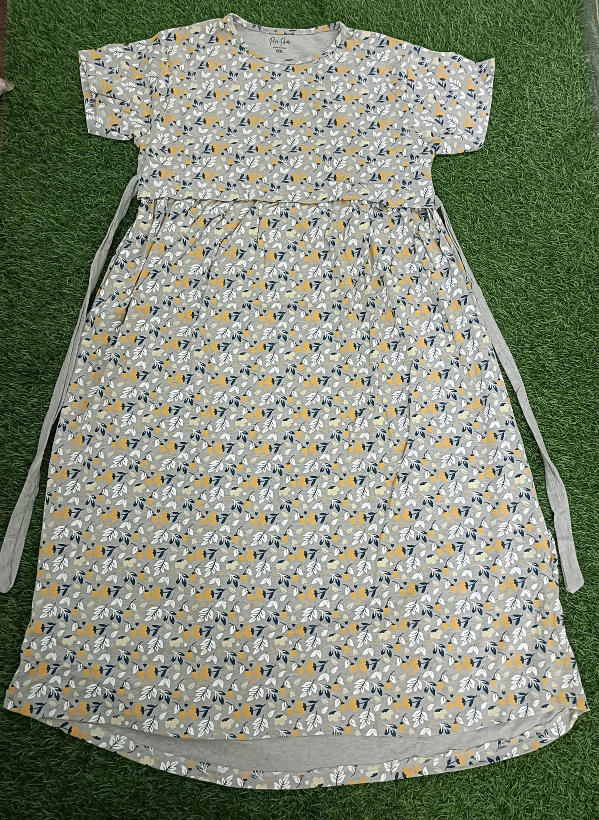 Ladie's Knitted Fabric Grey Floral Print Feeding Kurti / Maternity Nighty with Side Tie-Up & Nursing Access