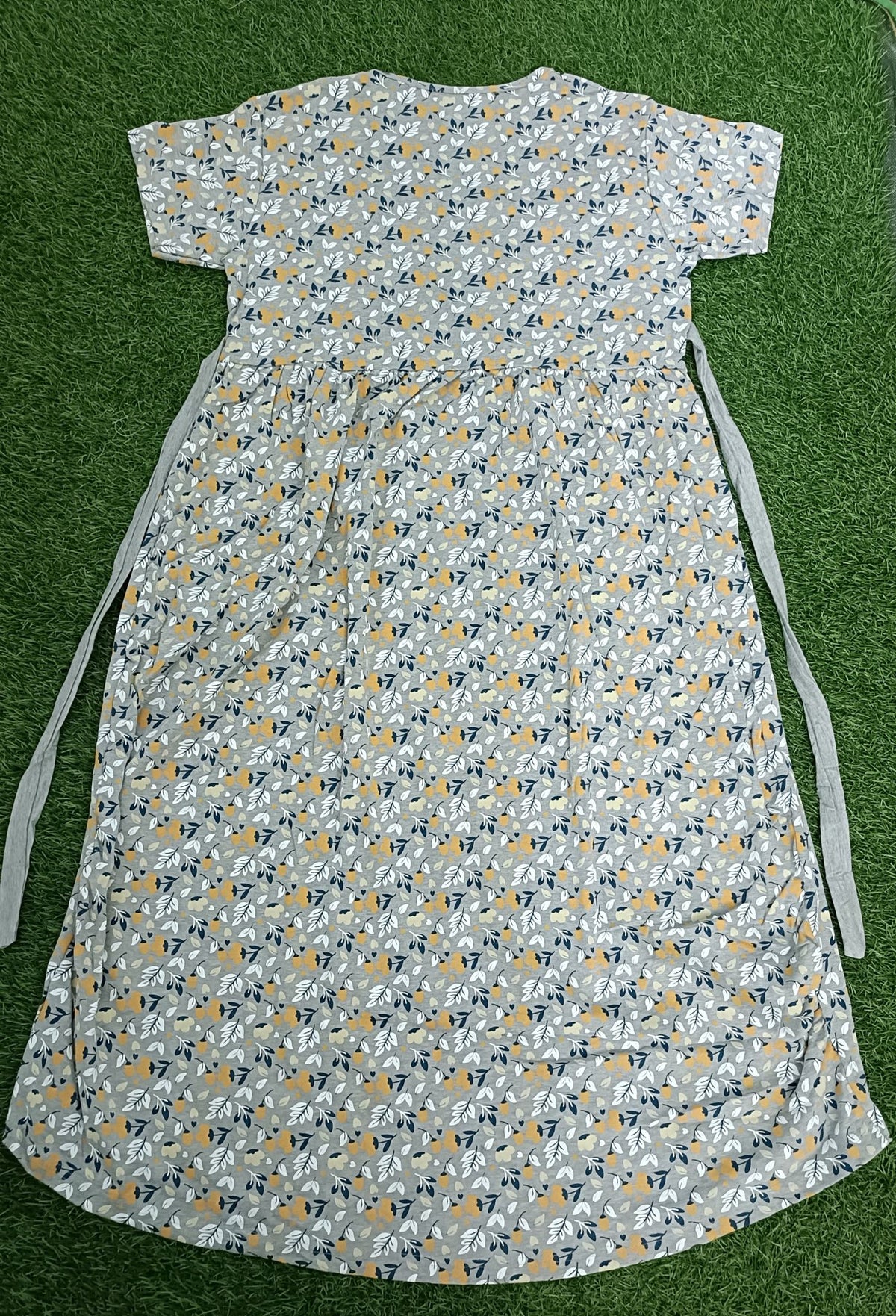 Ladie's Knitted Fabric Grey Floral Print Feeding Kurti / Maternity Nighty with Side Tie-Up & Nursing Access