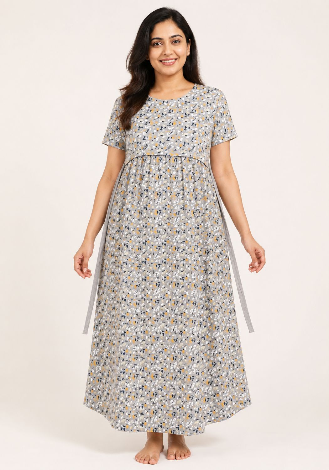 Ladie's Knitted Fabric Grey Floral Print Feeding Kurti / Maternity Nighty with Side Tie-Up & Nursing Access