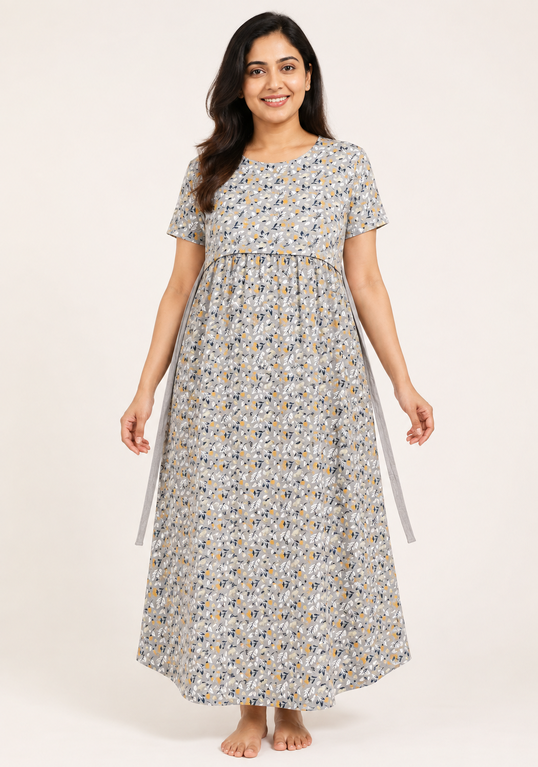 Ladie's Knitted Fabric Grey Floral Print Feeding Kurti / Maternity Nighty with Side Tie-Up & Nursing Access