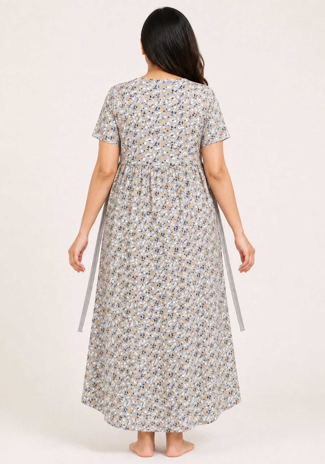 Ladie's Knitted Fabric Grey Floral Print Feeding Kurti / Maternity Nighty with Side Tie-Up & Nursing Access