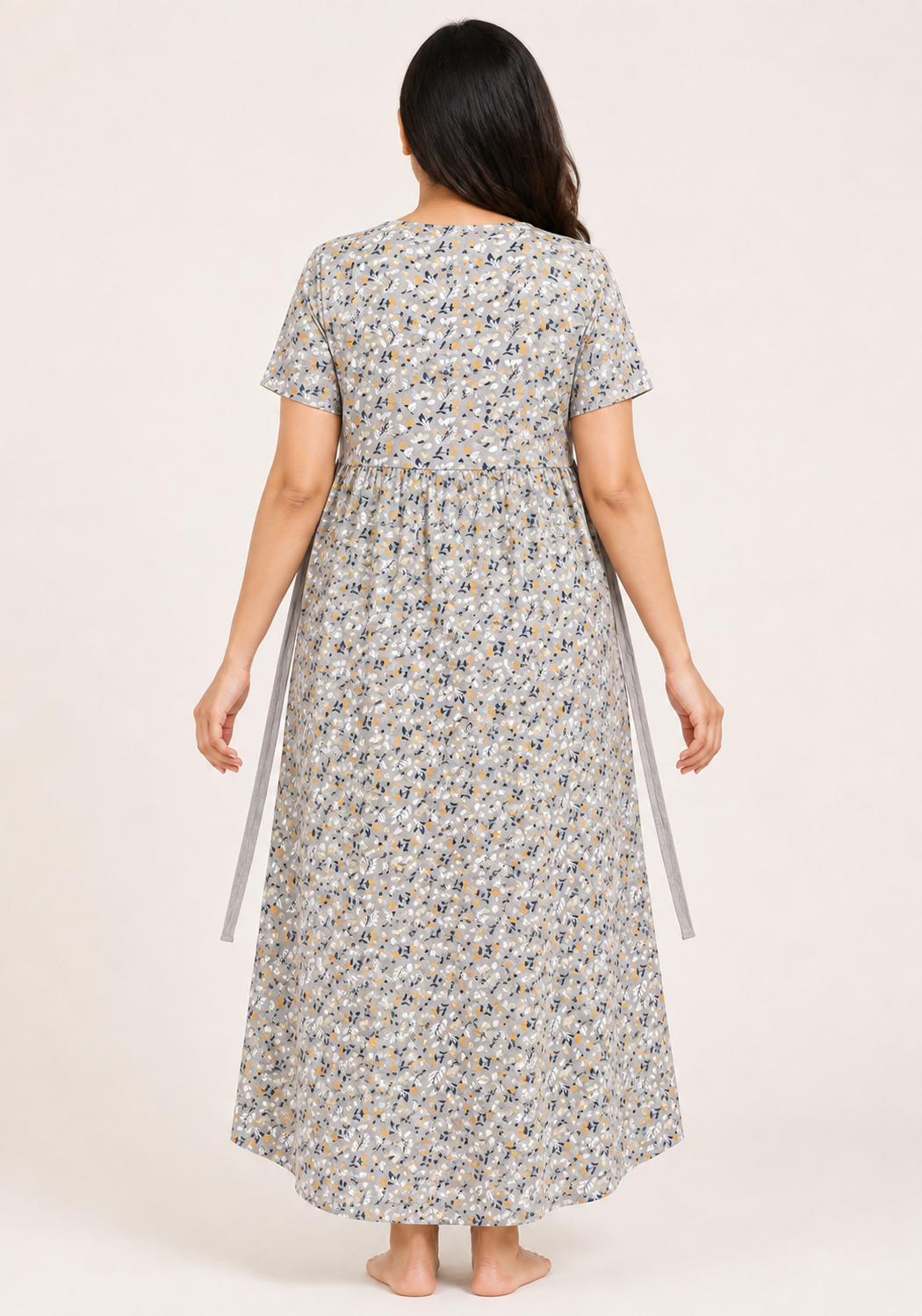 Ladie's Knitted Fabric Grey Floral Print Feeding Kurti / Maternity Nighty with Side Tie-Up & Nursing Access