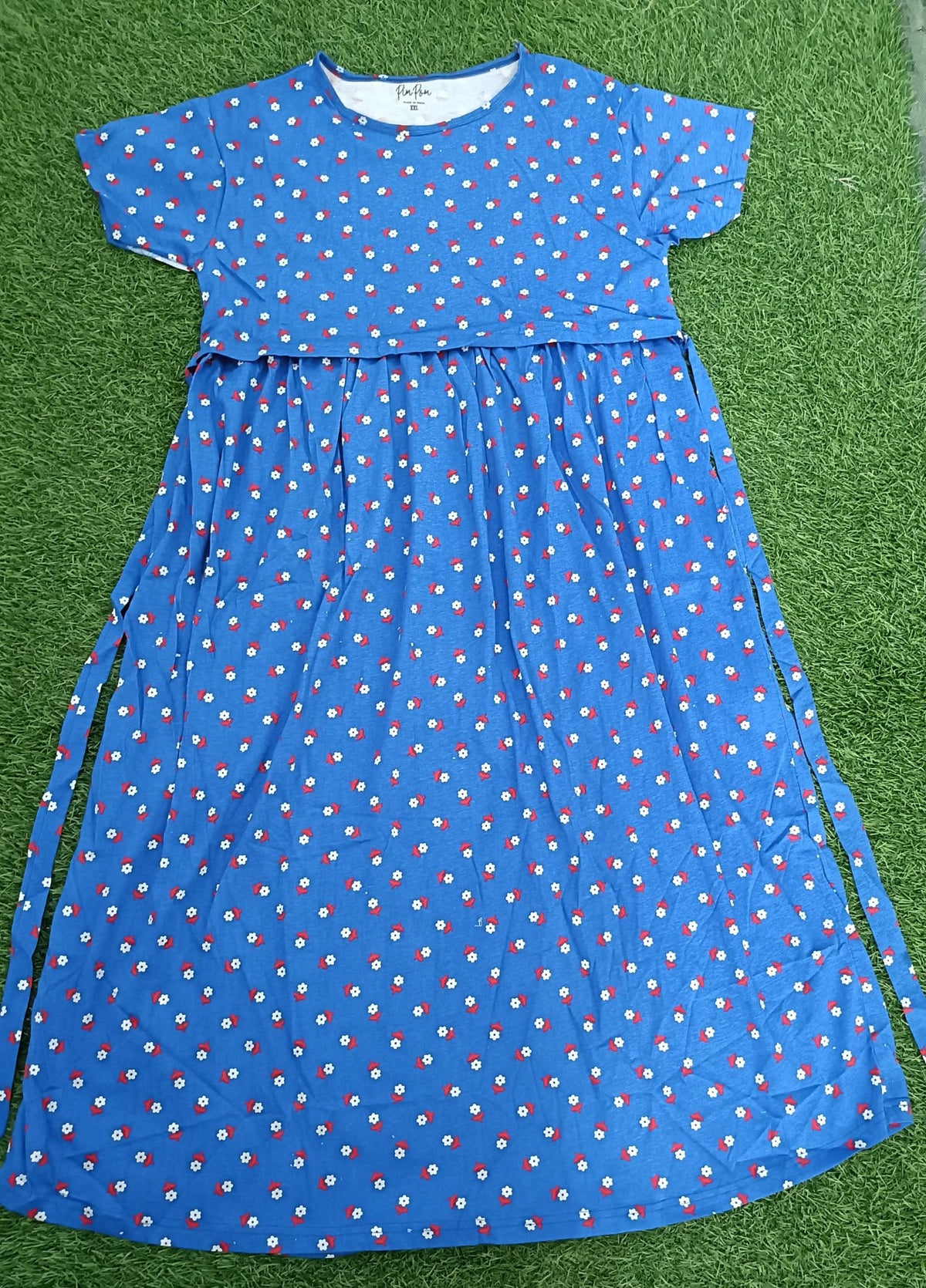 Ladie's Knitted Fabric Royal Blue Floral Print Feeding Kurti with Gathered Waist & Side Tie-Up