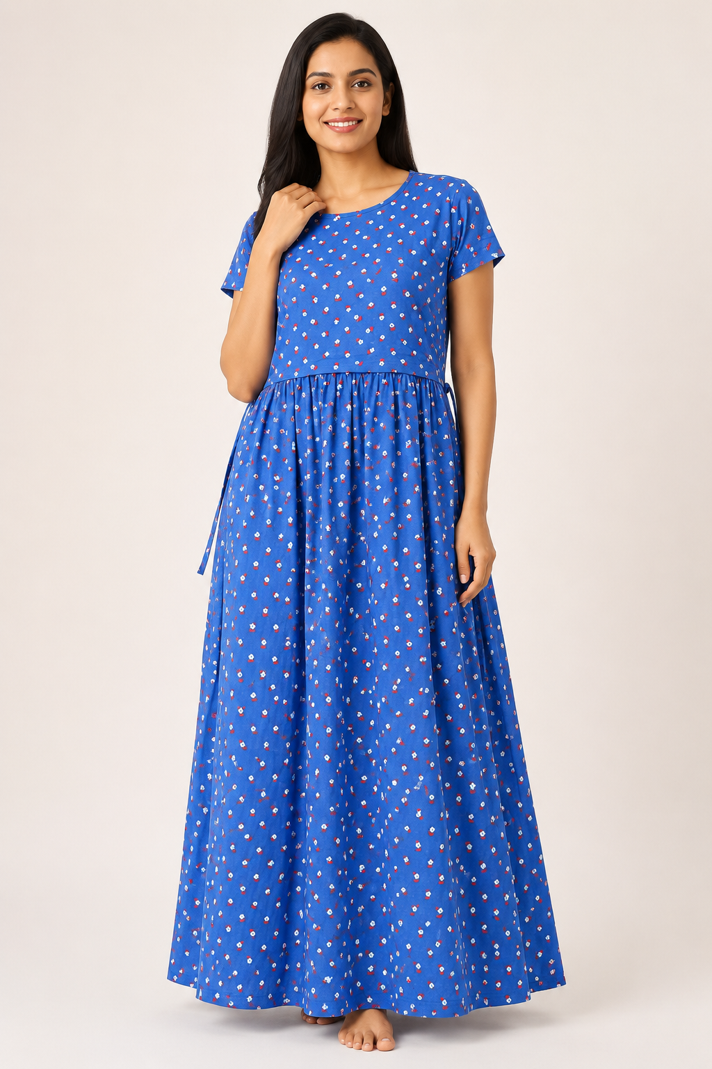 Ladie's Knitted Fabric Royal Blue Floral Print Feeding Kurti with Gathered Waist & Side Tie-Up
