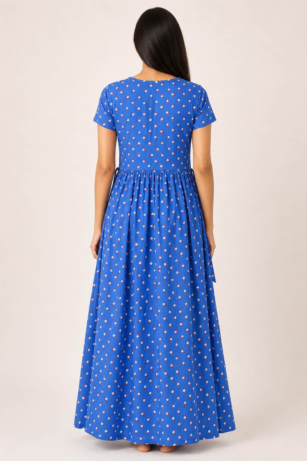 Ladie's Knitted Fabric Royal Blue Floral Print Feeding Kurti with Gathered Waist & Side Tie-Up