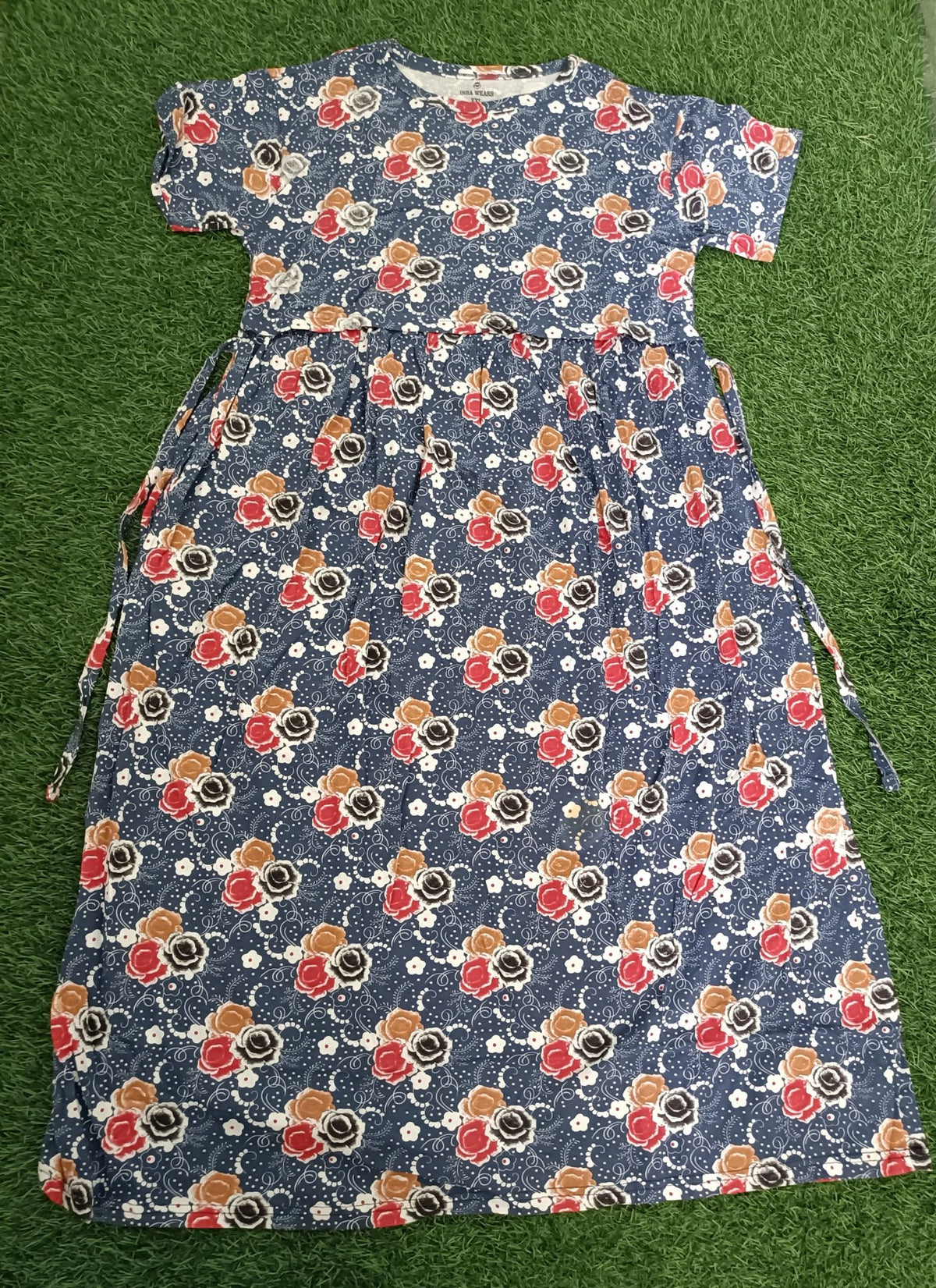Ladie's Knitted Fabric Navy Blue Floral Print Feeding Kurti / Maternity Nighty with Concealed Nursing Access
