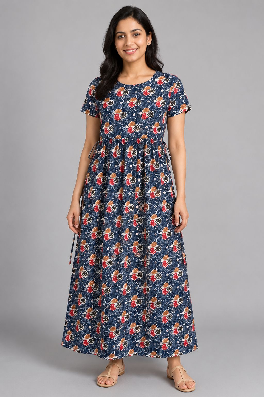 Ladie's Knitted Fabric Navy Blue Floral Print Feeding Kurti / Maternity Nighty with Concealed Nursing Access