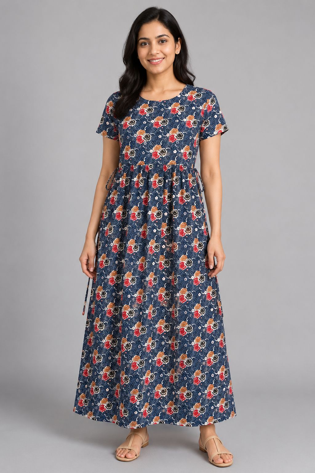 Ladie's Knitted Fabric Navy Blue Floral Print Feeding Kurti / Maternity Nighty with Concealed Nursing Access
