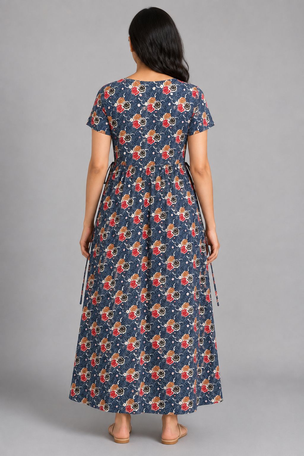 Ladie's Knitted Fabric Navy Blue Floral Print Feeding Kurti / Maternity Nighty with Concealed Nursing Access