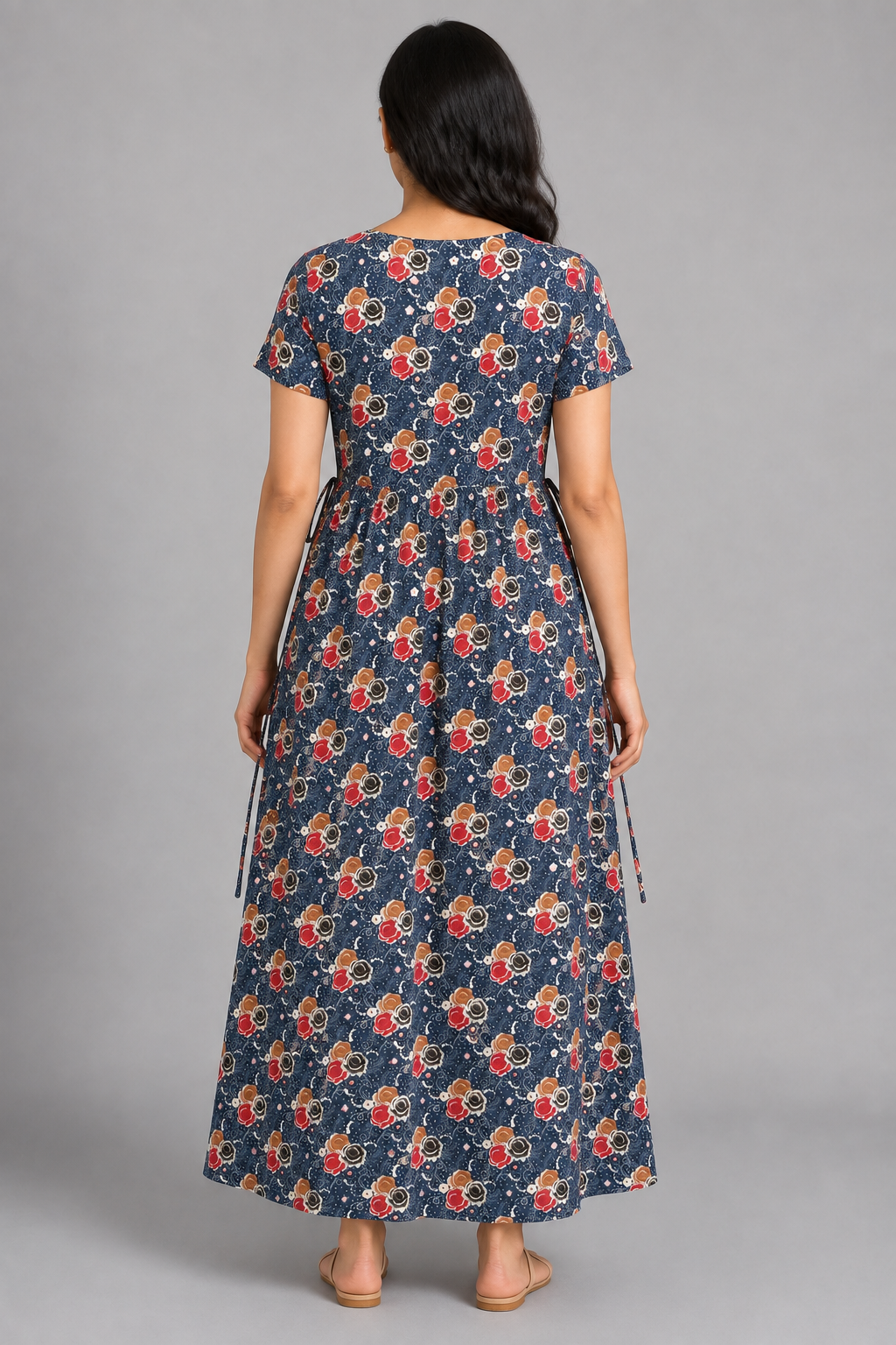 Ladie's Knitted Fabric Navy Blue Floral Print Feeding Kurti / Maternity Nighty with Concealed Nursing Access