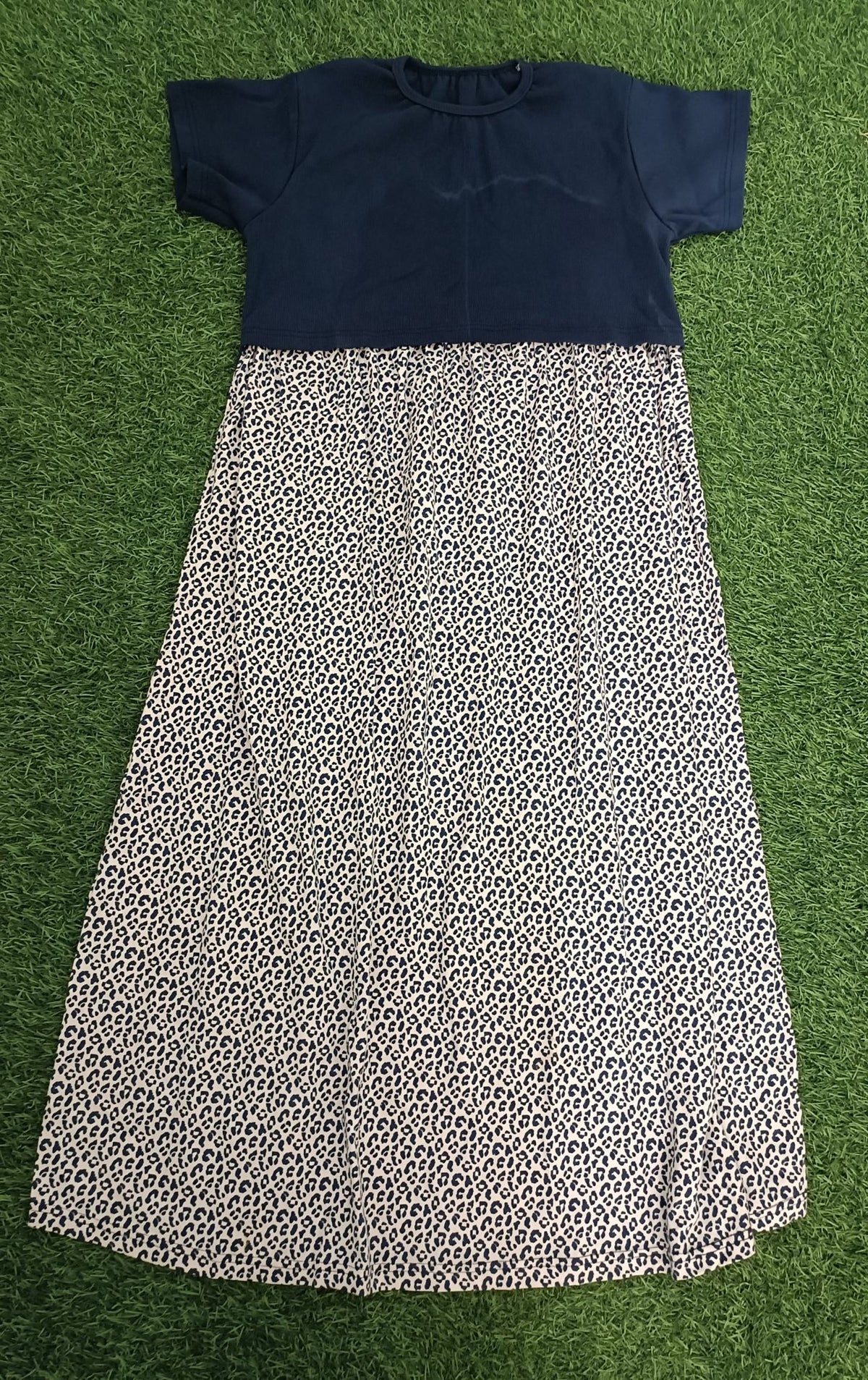 Ladie's Knitted Fabric Navy Blue & Cream Leopard Print Feeding Kurti / Maternity Nighty with Concealed Nursing Access