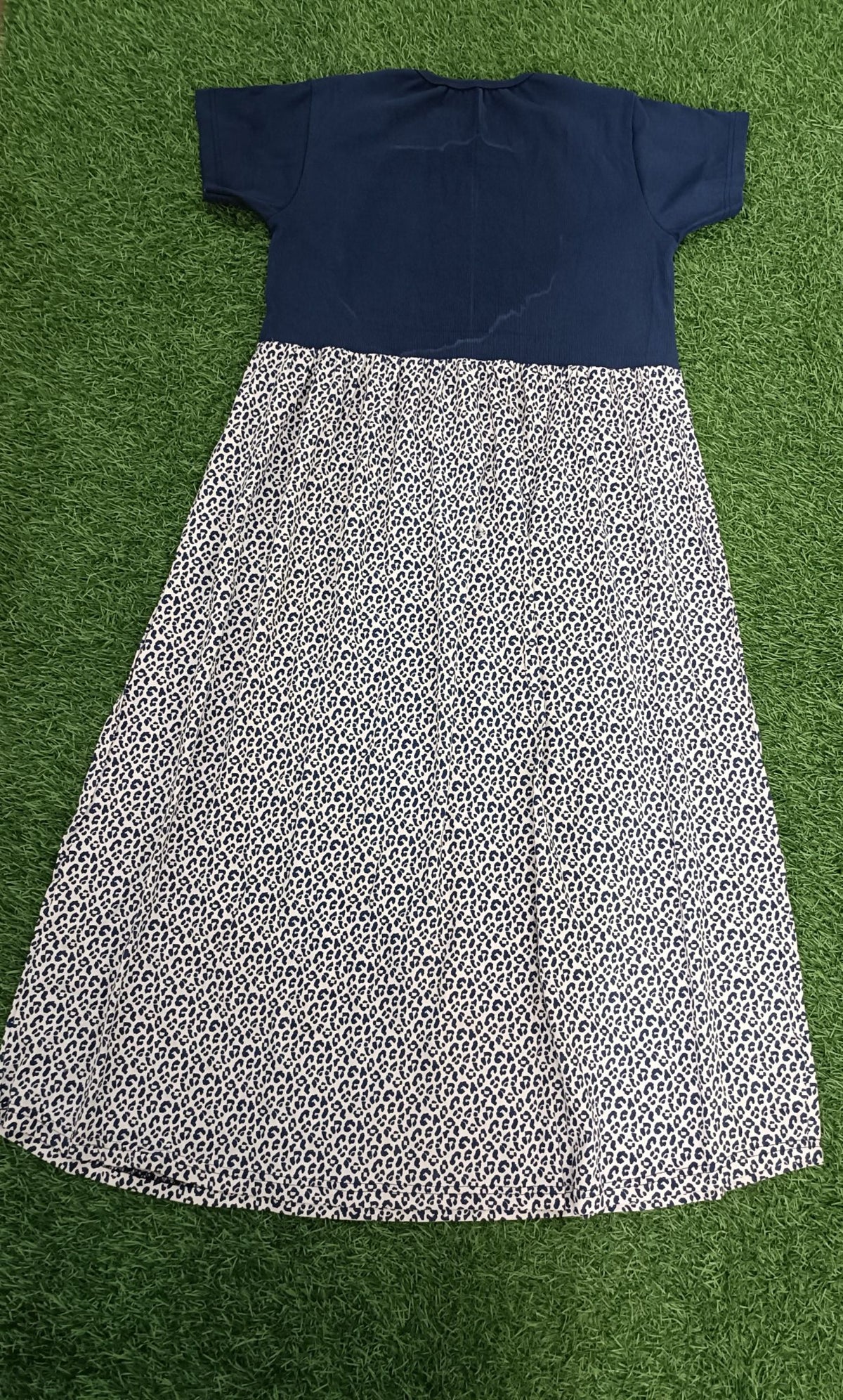 Ladie's Knitted Fabric Navy Blue & Cream Leopard Print Feeding Kurti / Maternity Nighty with Concealed Nursing Access