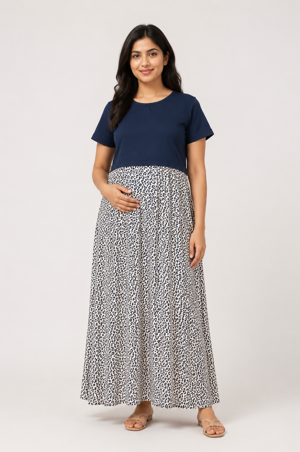 Ladie's Knitted Fabric Navy Blue & Cream Leopard Print Feeding Kurti / Maternity Nighty with Concealed Nursing Access