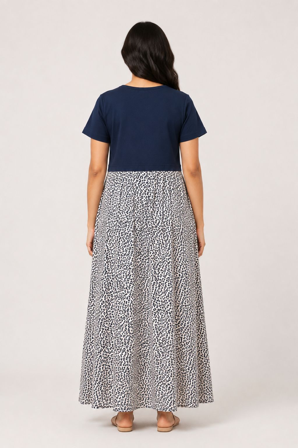 Ladie's Knitted Fabric Navy Blue & Cream Leopard Print Feeding Kurti / Maternity Nighty with Concealed Nursing Access