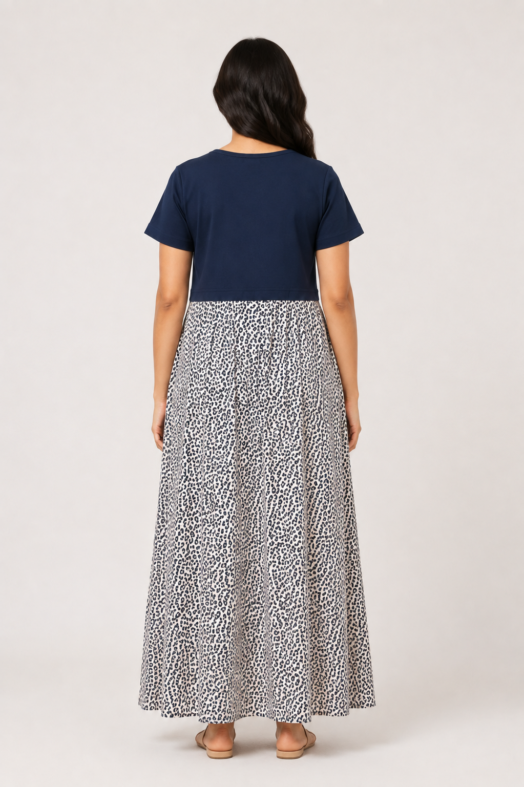 Ladie's Knitted Fabric Navy Blue & Cream Leopard Print Feeding Kurti / Maternity Nighty with Concealed Nursing Access