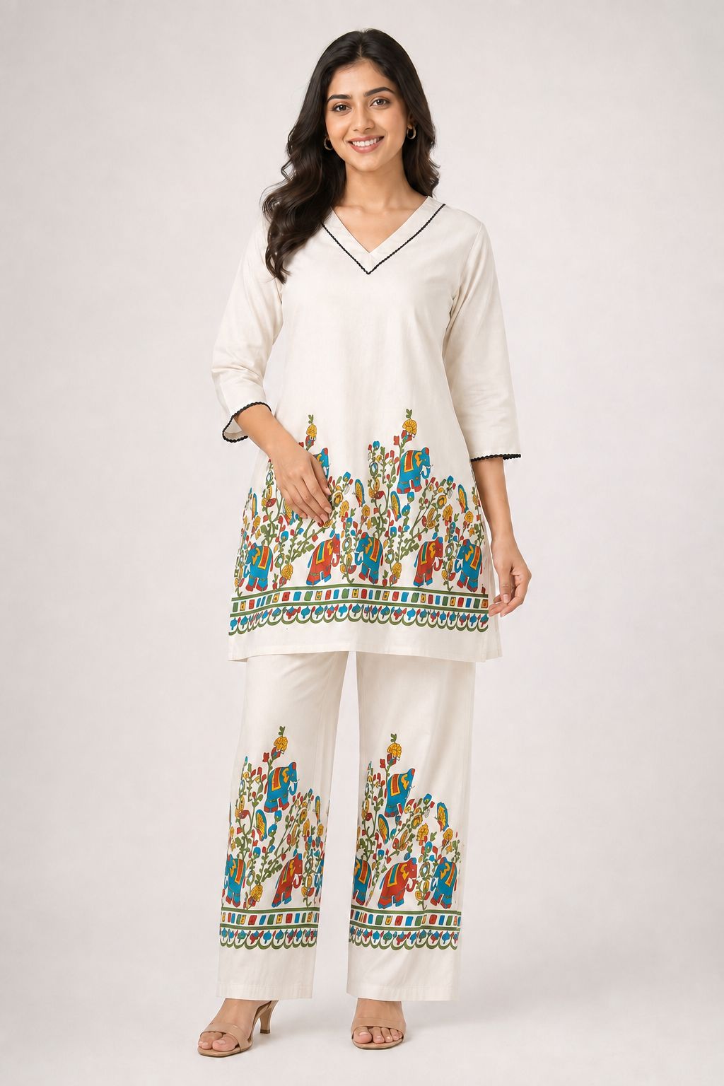 Women’s Off-White Cotton Elephant & Floral Printed top Pant Co-ord Set