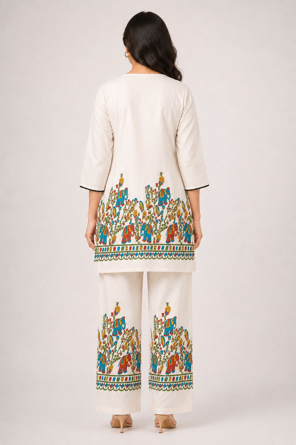 Women’s Off-White Cotton Elephant & Floral Printed top Pant Co-ord Set