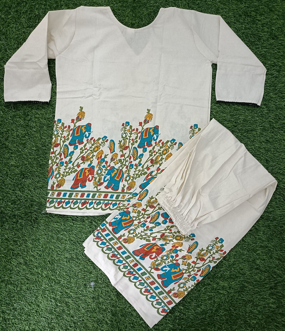 Women’s Off-White Cotton Elephant & Floral Printed top Pant Co-ord Set