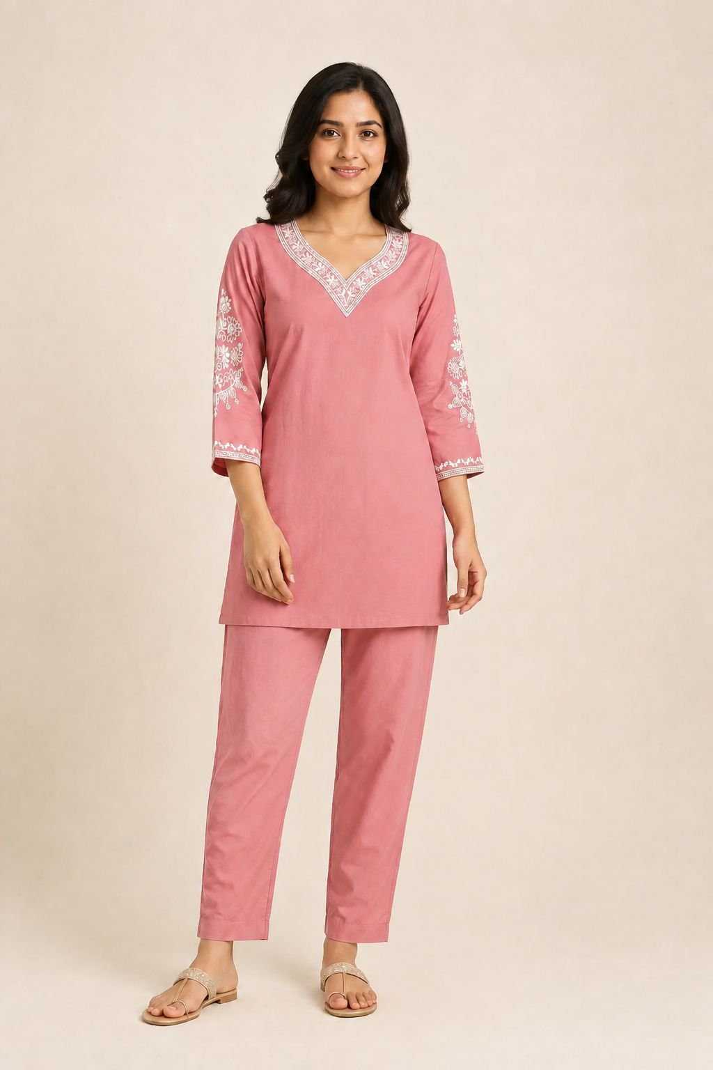 Women’s Dusty Rose Pink Cotton Blend Embroidered Full-Sleeve top and Pant Set