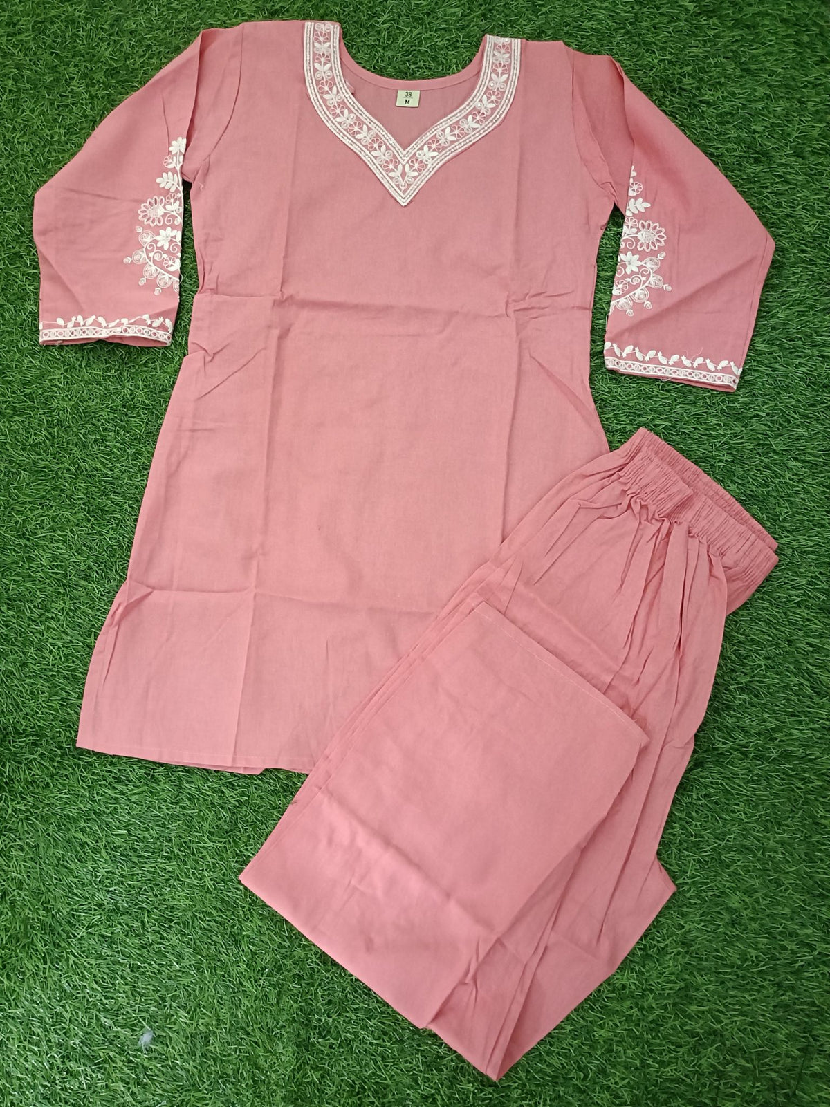 Women’s Dusty Rose Pink Cotton Blend Embroidered Full-Sleeve top and Pant Set