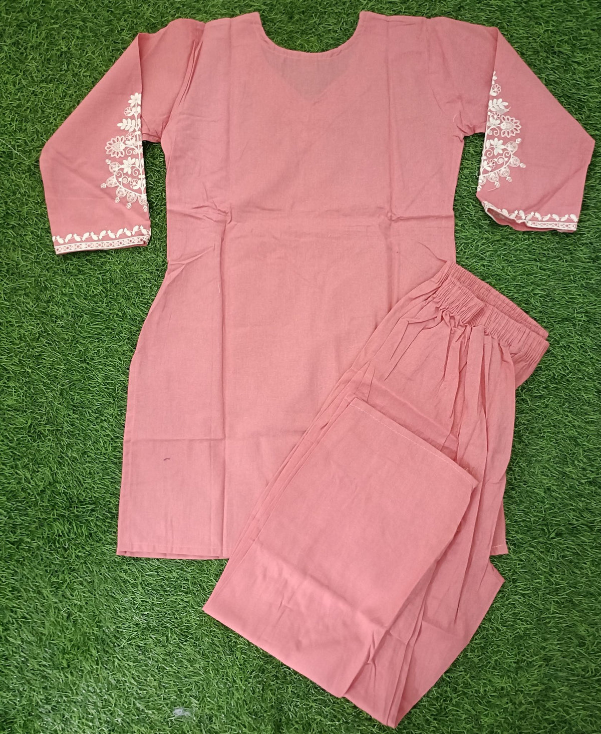 Women’s Dusty Rose Pink Cotton Blend Embroidered Full-Sleeve top and Pant Set