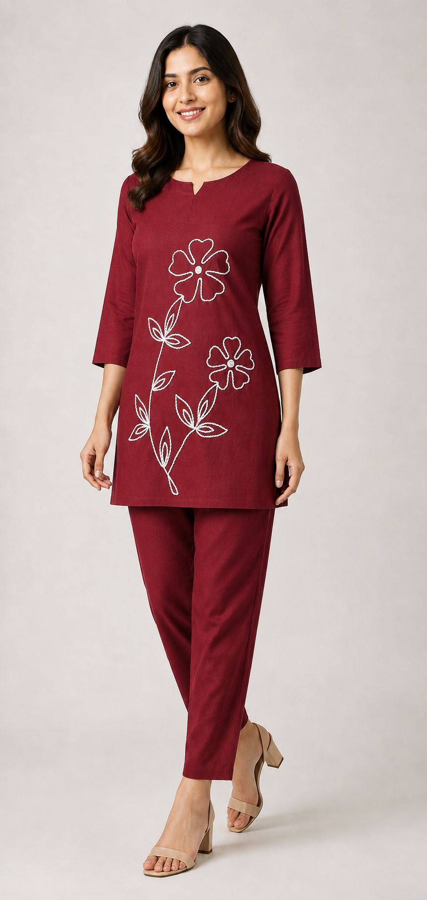 Women’s Maroon Cotton Blend Floral Embroidered top and Pant Set