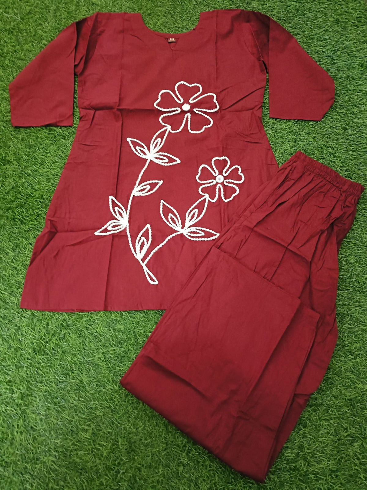 Women’s Maroon Cotton Blend Floral Embroidered top and Pant Set