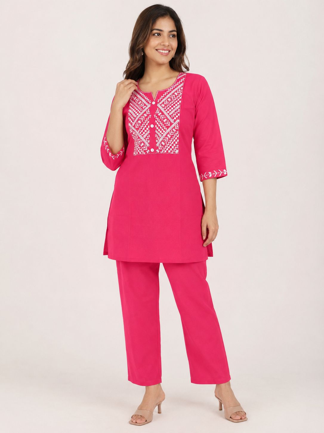 Women’s Rani Pink Cotton Blend Geometric Embroidered Full-Sleeve top and Pant Set