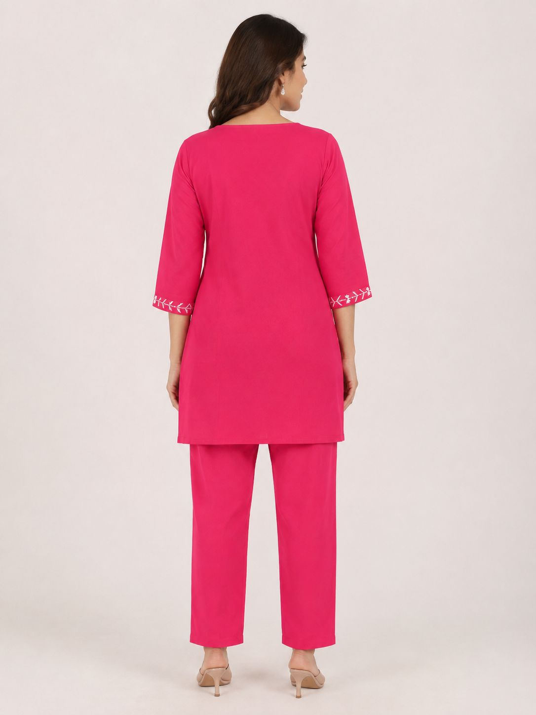 Women’s Rani Pink Cotton Blend Geometric Embroidered Full-Sleeve top and Pant Set