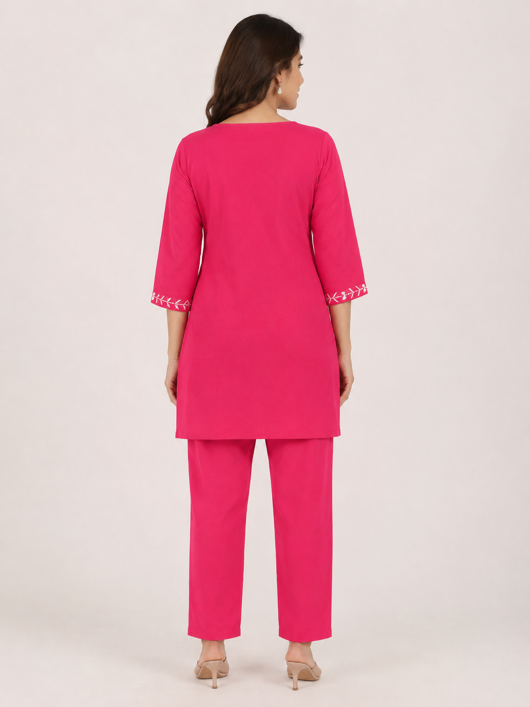 Women’s Rani Pink Cotton Blend Geometric Embroidered Full-Sleeve top and Pant Set