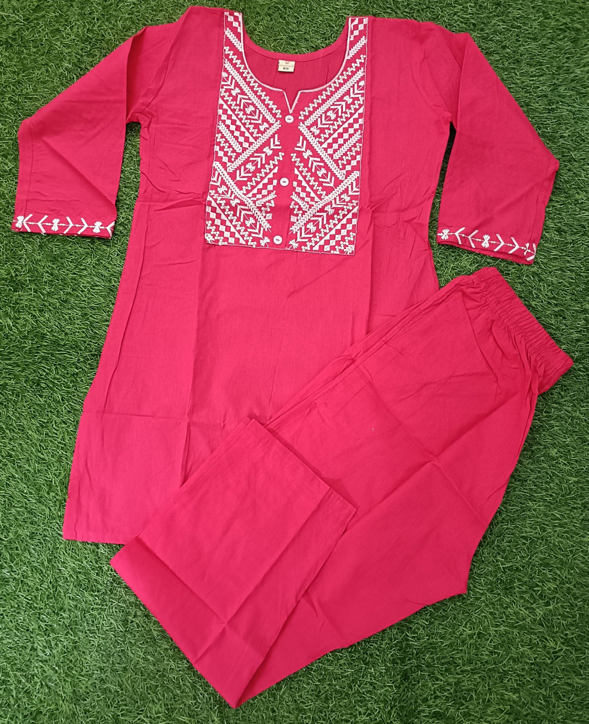 Women’s Rani Pink Cotton Blend Geometric Embroidered Full-Sleeve top and Pant Set