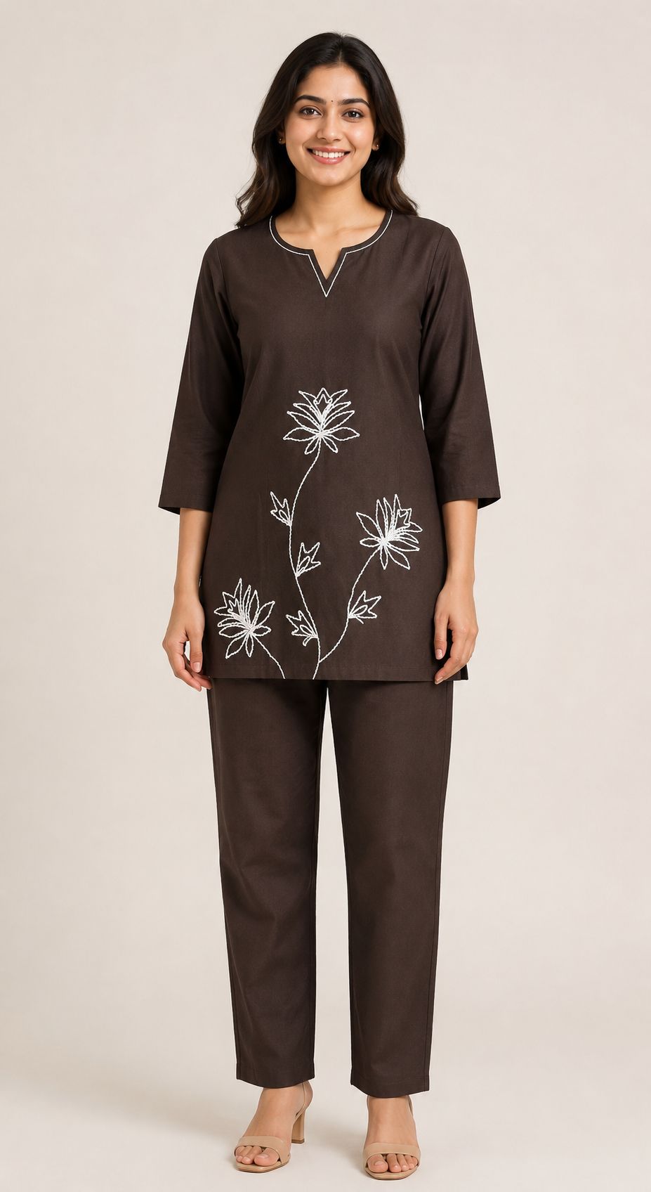 Women’s Dark Brown Cotton Blend Floral Embroidered Full-Sleeve top and Pant Set