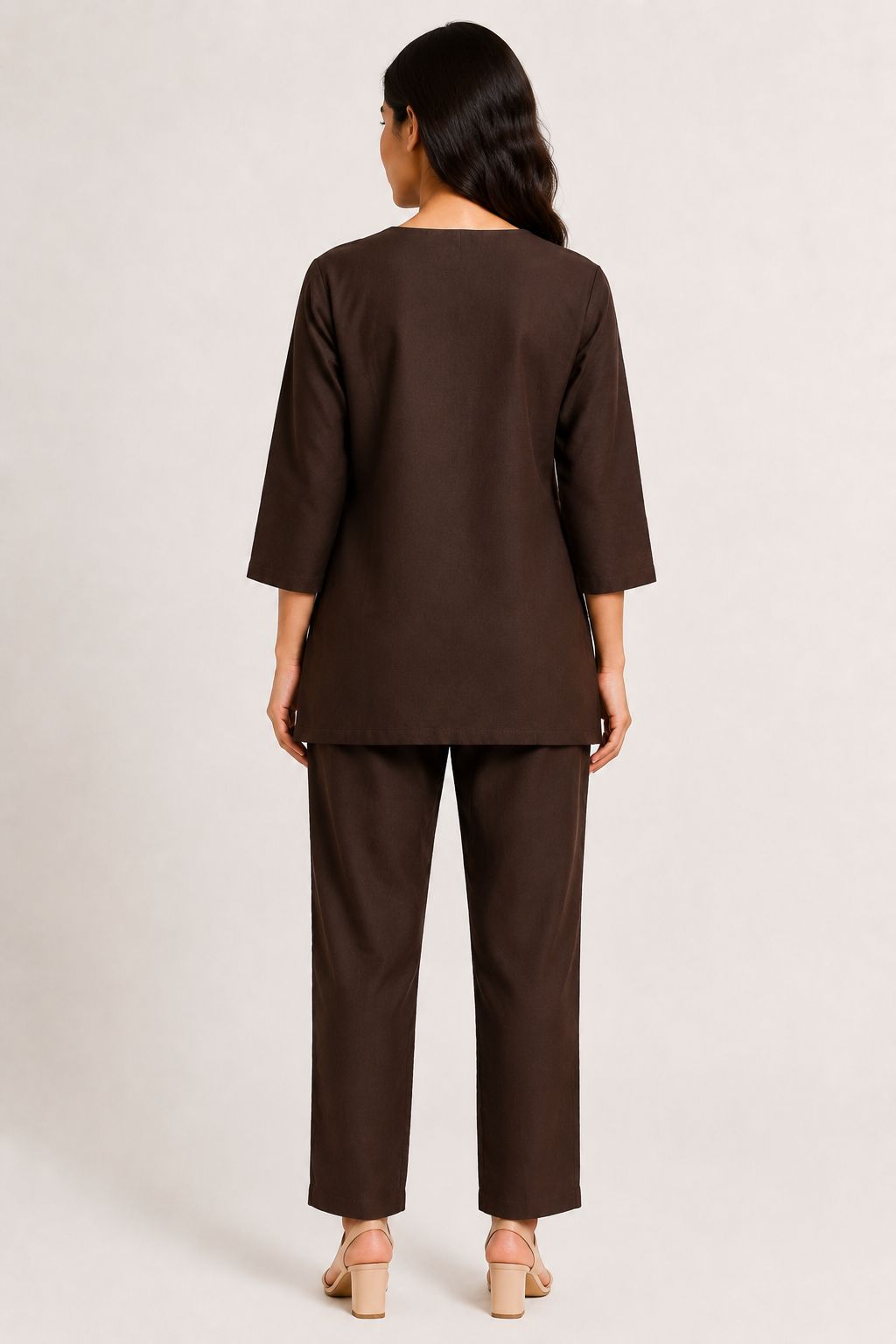 Women’s Dark Brown Cotton Blend Floral Embroidered Full-Sleeve top and Pant Set
