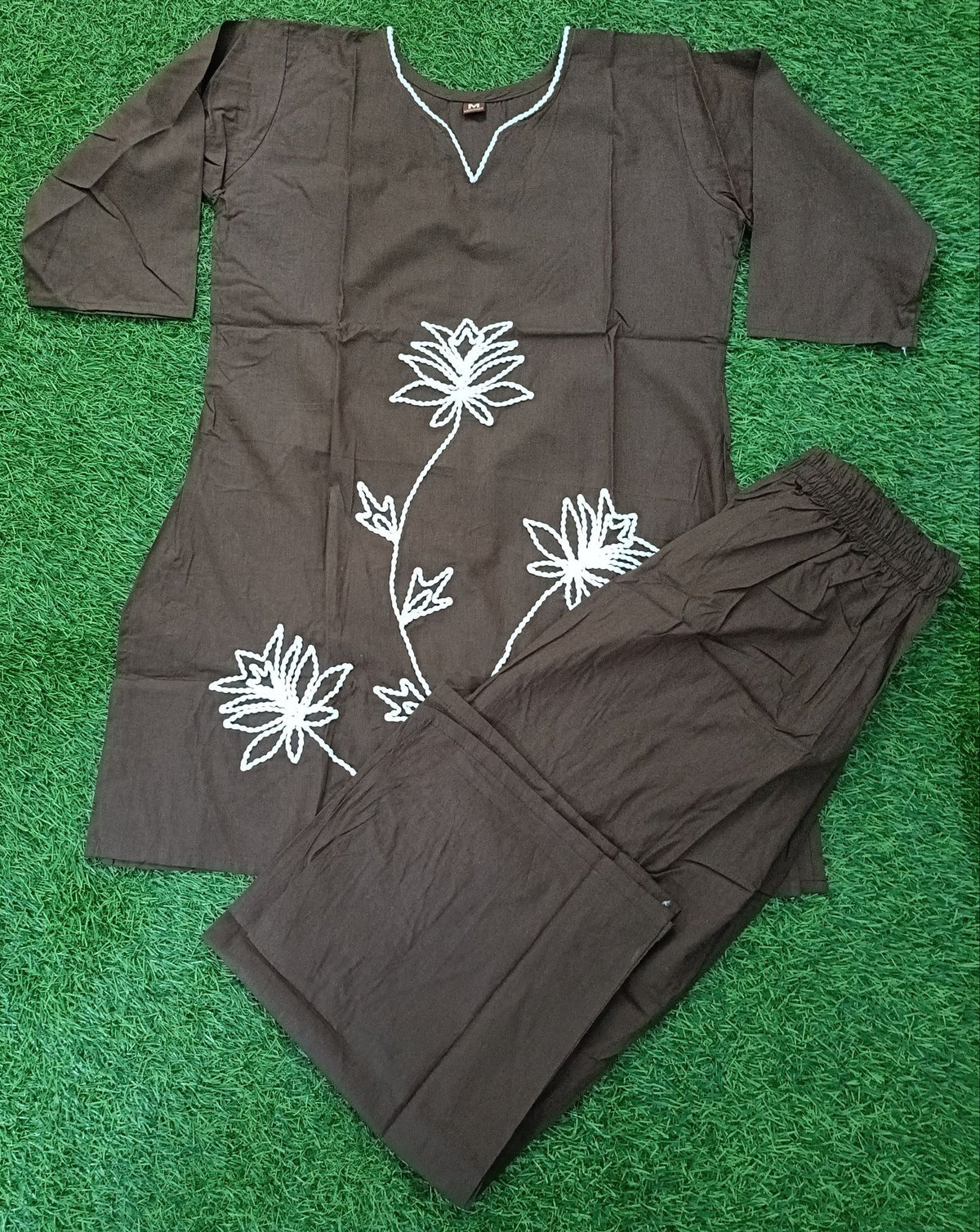Women’s Dark Brown Cotton Blend Floral Embroidered Full-Sleeve top and Pant Set