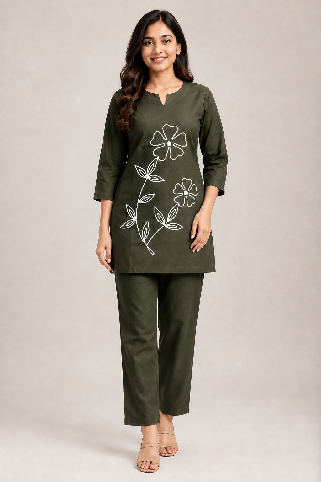 Women’s Dark Pachi Green Cotton Blend White Floral Embroidered top and Pant Set