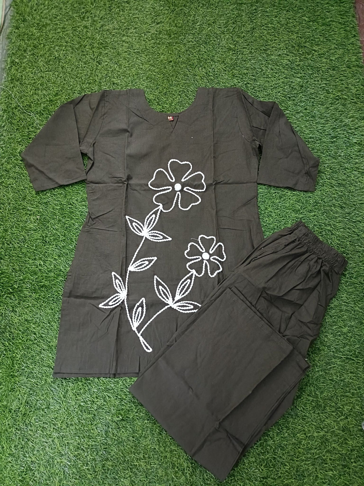 Women’s Dark Pachi Green Cotton Blend White Floral Embroidered top and Pant Set