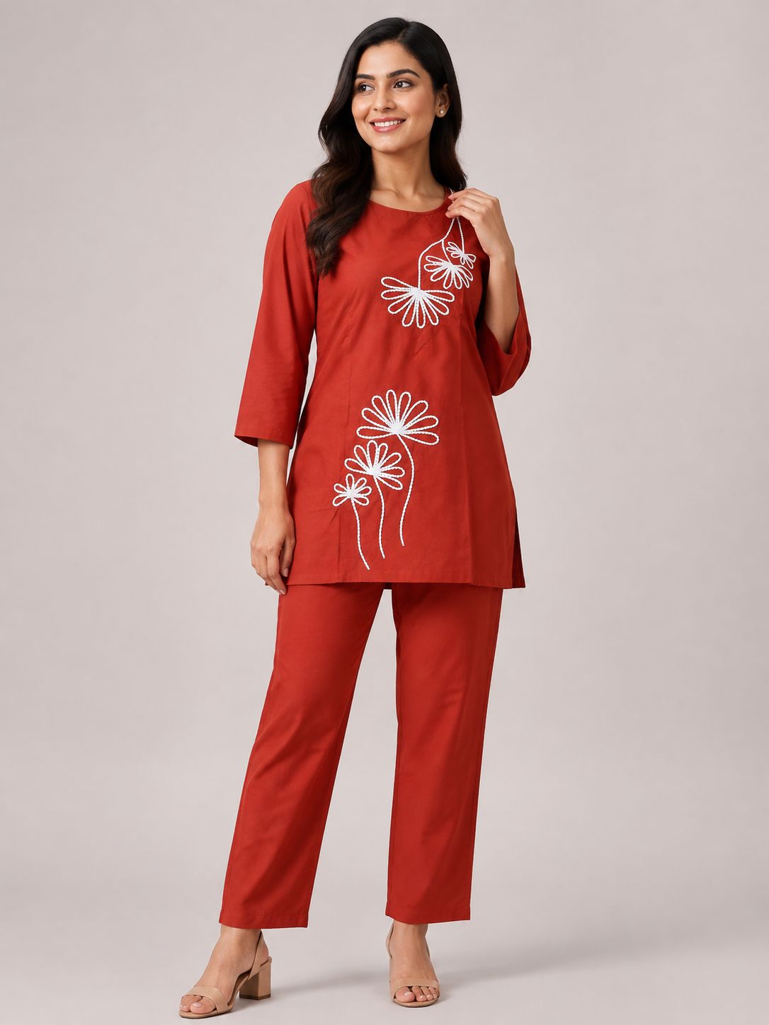 Women’s Rust Orange Cotton Blend White Floral Embroidered top and Pant Set