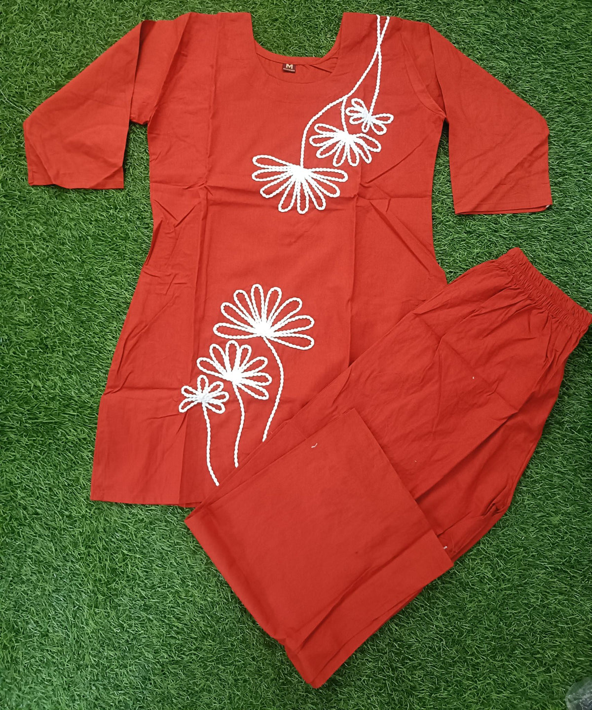 Women’s Rust Orange Cotton Blend White Floral Embroidered top and Pant Set