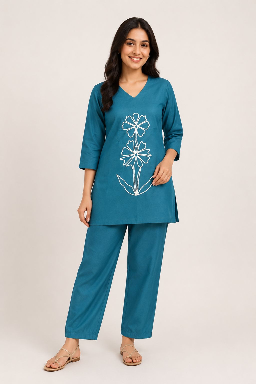 Women’s Teal Blue Cotton Blend White Floral Embroidered top and Pant Set