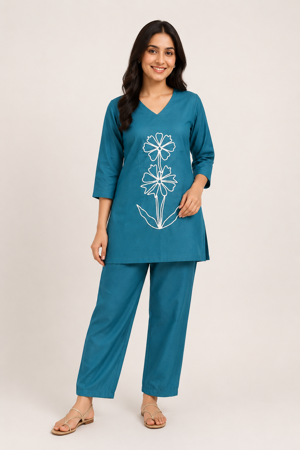 Women’s Teal Blue Cotton Blend White Floral Embroidered top and Pant Set