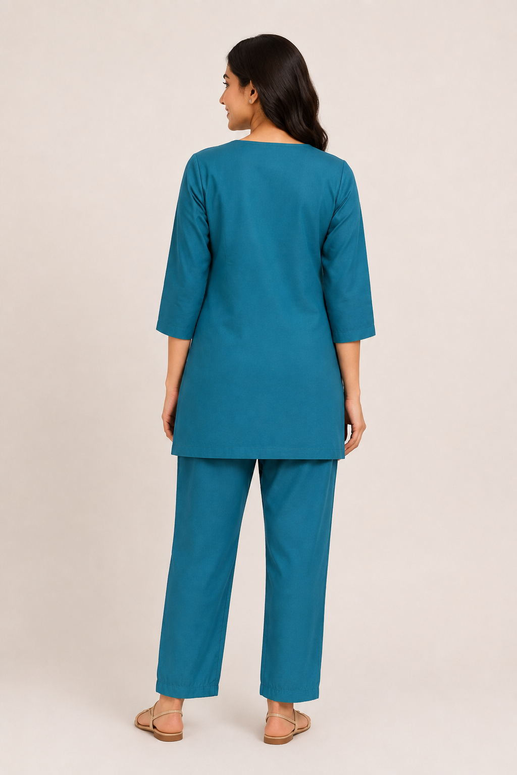 Women’s Teal Blue Cotton Blend White Floral Embroidered top and Pant Set