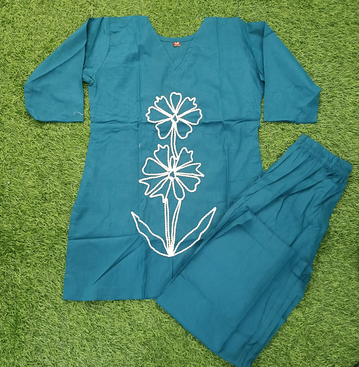 Women’s Teal Blue Cotton Blend White Floral Embroidered top and Pant Set