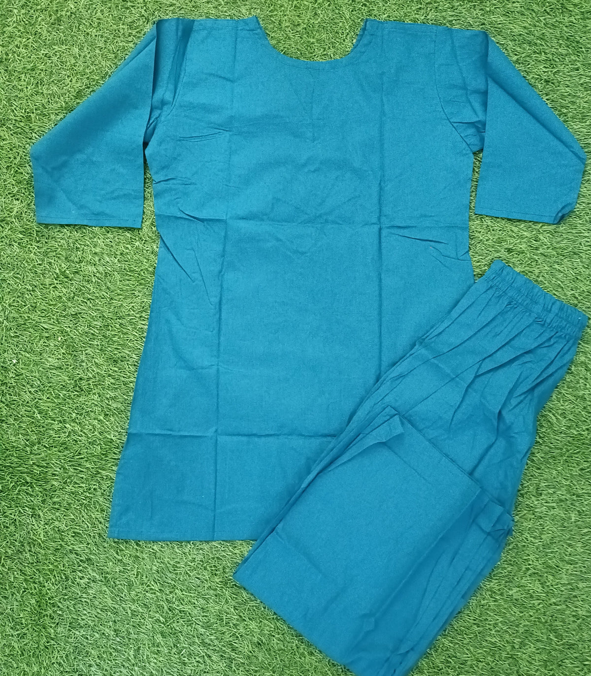 Women’s Teal Blue Cotton Blend White Floral Embroidered top and Pant Set