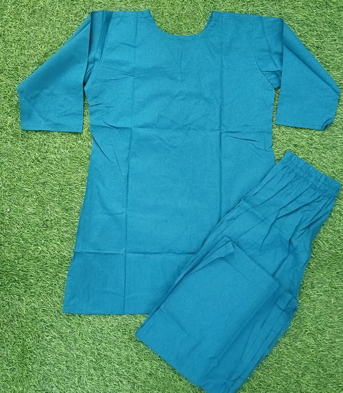 Women’s Teal Blue Cotton Blend White Floral Embroidered top and Pant Set