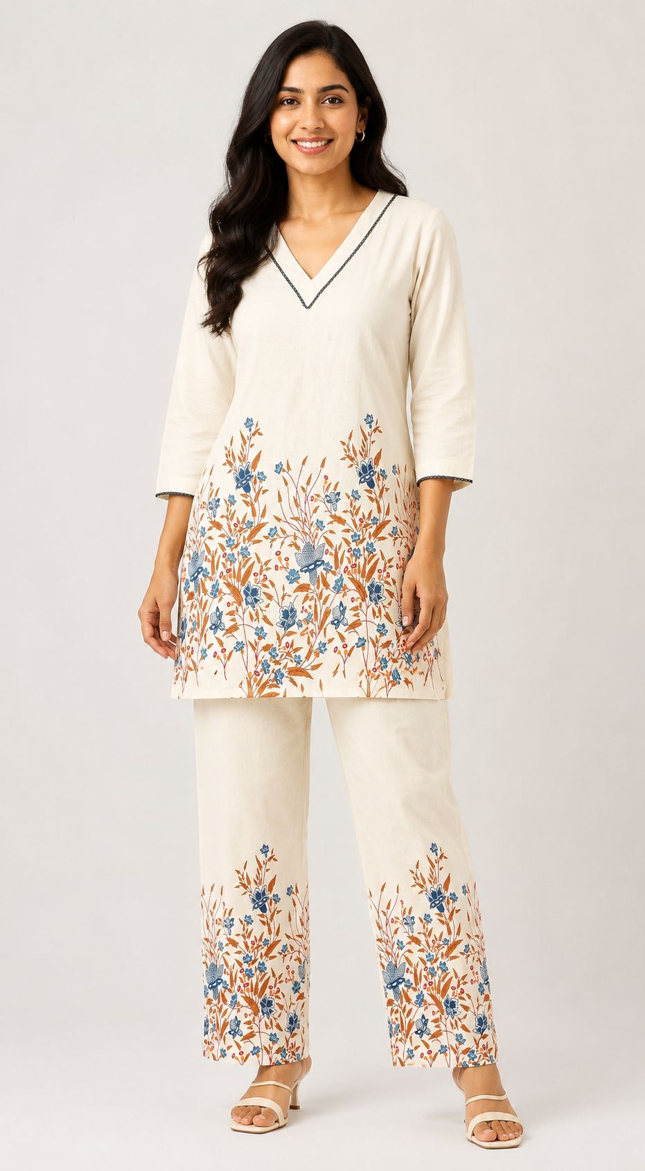 Women’s Off-White Cotton Floral Printed Full-Sleeve top and Pant Set