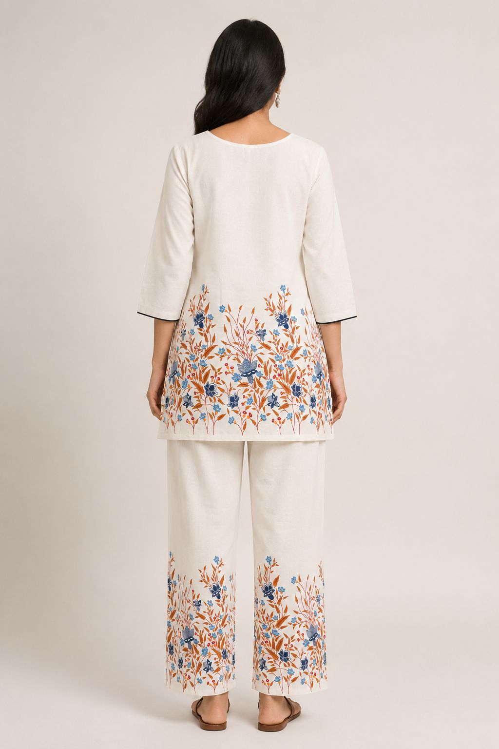 Women’s Off-White Cotton Floral Printed Full-Sleeve top and Pant Set