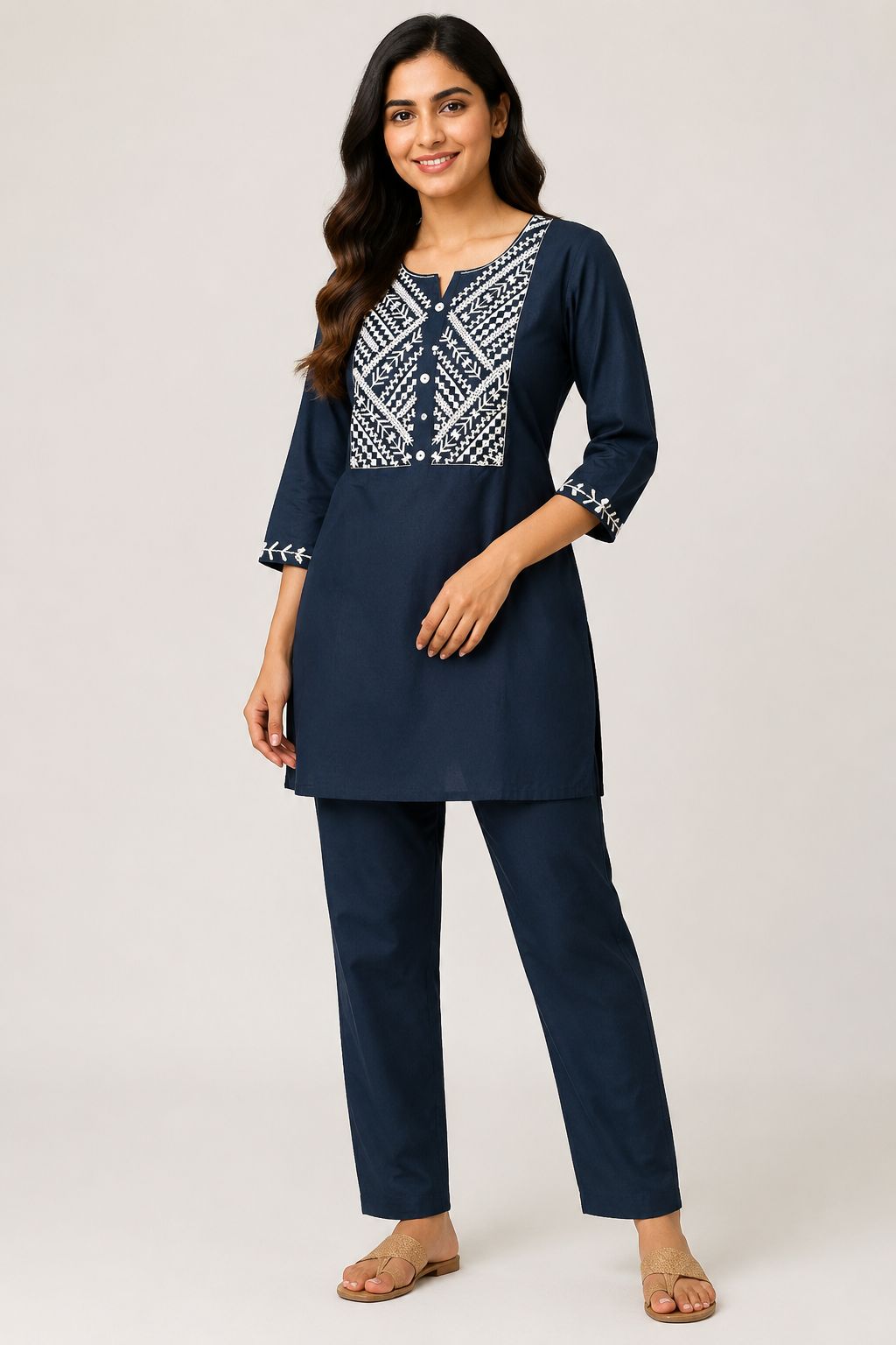 Women’s Navy Blue Cotton Blend Geometric Embroidered Full-Sleeve top and Pant Set
